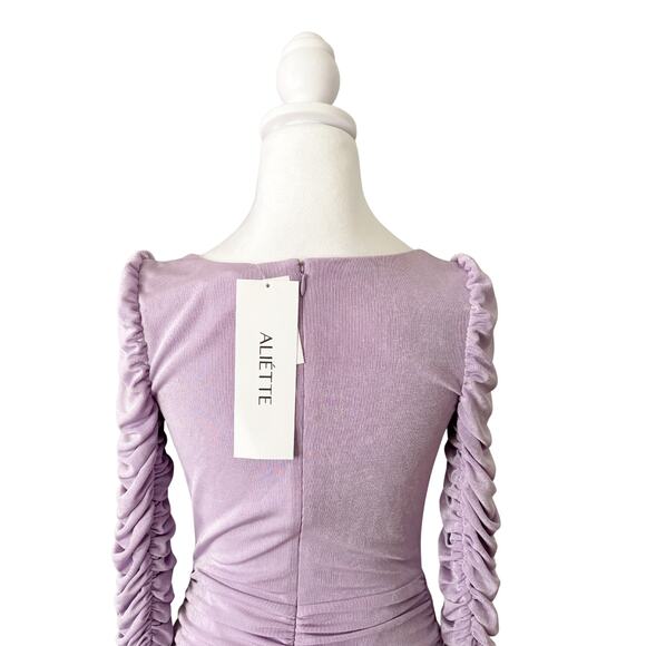 Aliette Ruched Long Sleeve Cowl Neck Midi Dress 2 Purple NWT - Picture 7 of 12